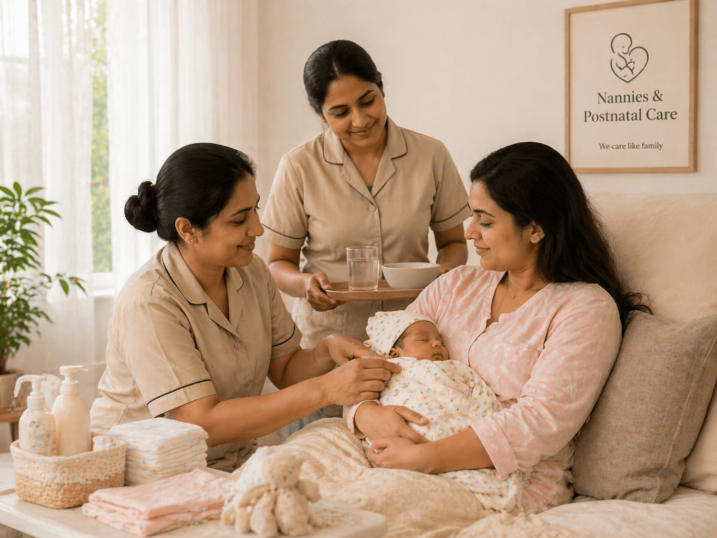 Mother with newborn receiving postnatal care
